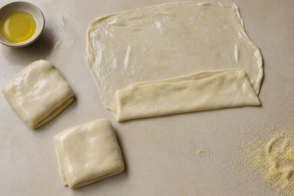 Thin oiled msemen dough sheet being folded into a layered square beside rested parcels and fine semolina.