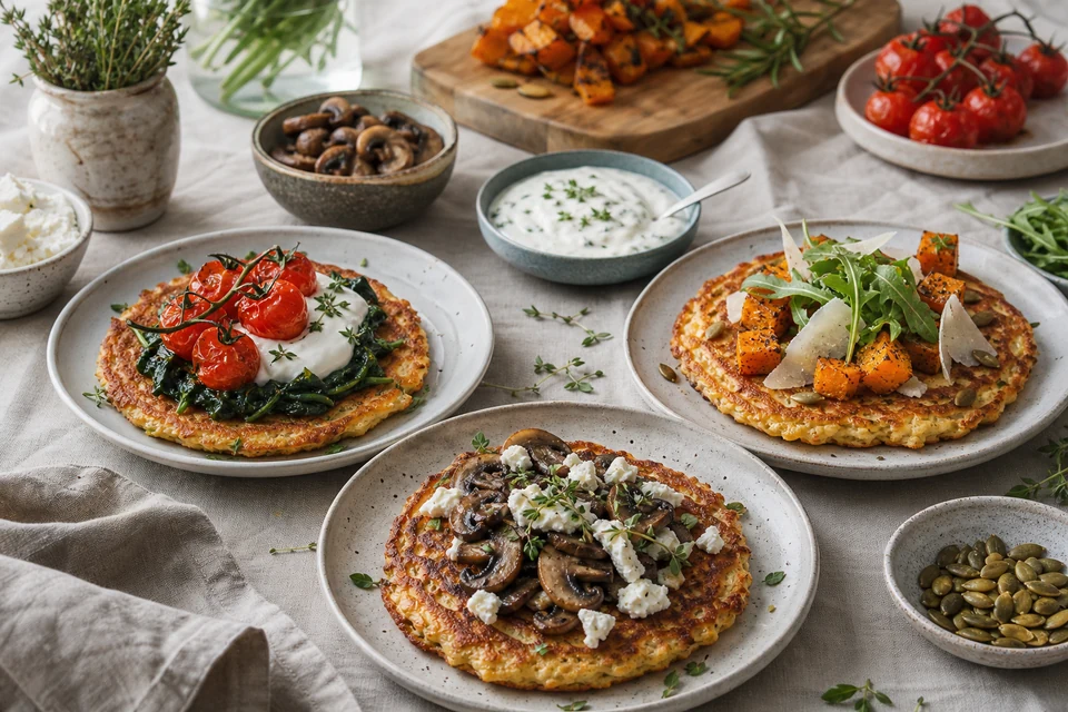 Three finished savoury pancakes topped with mushrooms and feta, spinach and tomatoes, and roasted squash with herbs.
