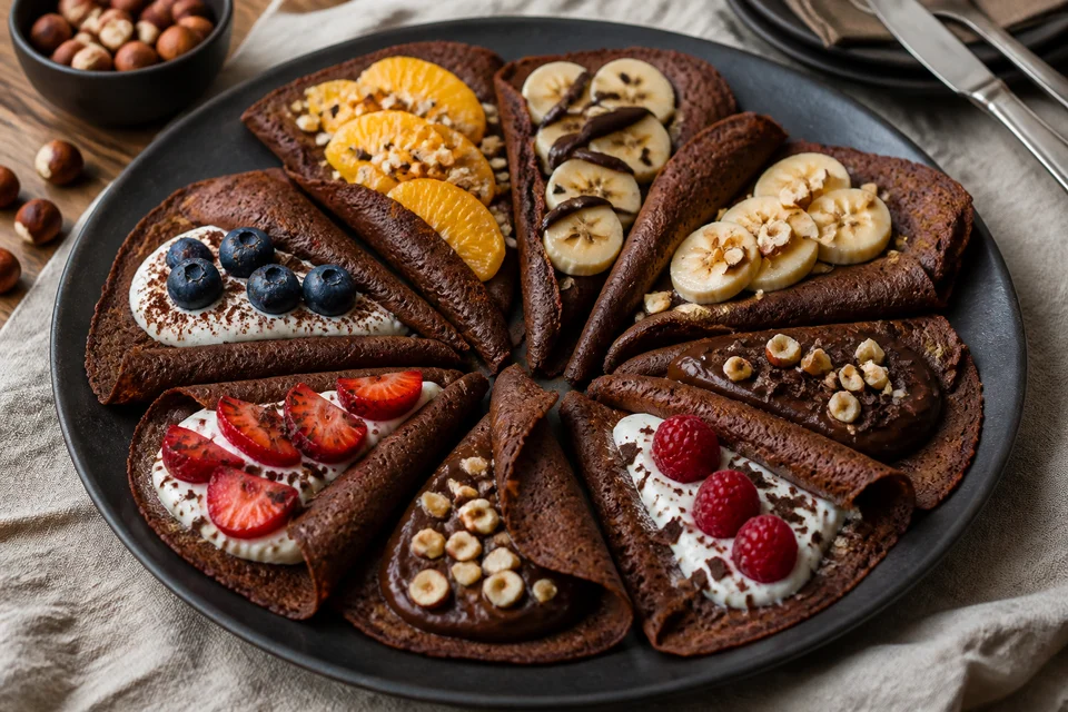 A finished platter of vegan chocolate crepes with banana, berries, orange, hazelnuts, coconut yogurt, and dark chocolate.
