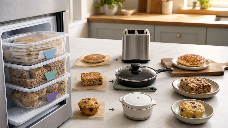 Breakfast planning scene for A Freezer Breakfast Rotation with Texture-Based Reheating, showing the freezer-rotation components in practical service order.