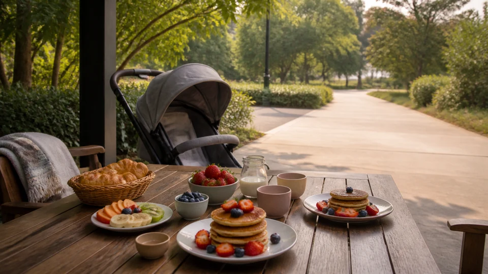 Editorial breakfast scene illustrating A Munich Family Day with a Stroller: Food, Naps and Step-Free Routes