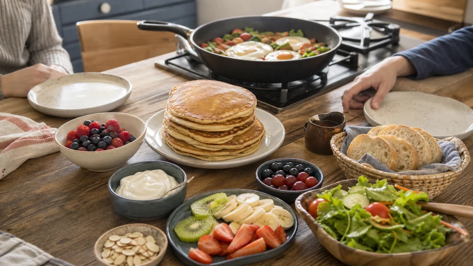 A family brunch arranged around a single pancake pan, with fruit, bread, toppings, and cold components ready for service.