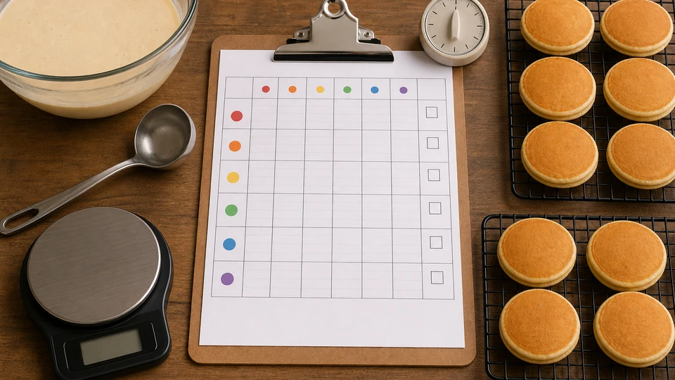Editorial setup illustrating a pancake production sheet for repeatable batches.