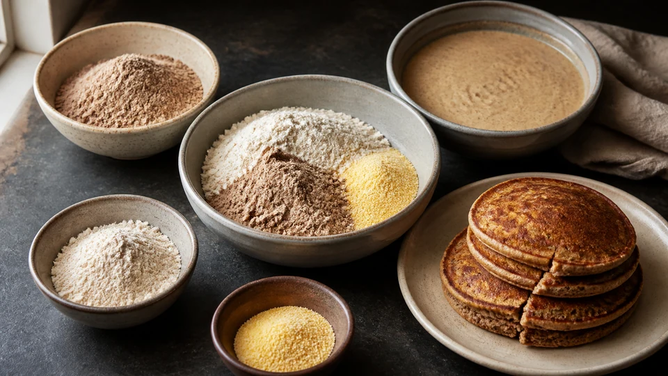 Processed acorn flour, supporting flour, cornmeal, a partial blend, batter and rustic pancakes shown editorially