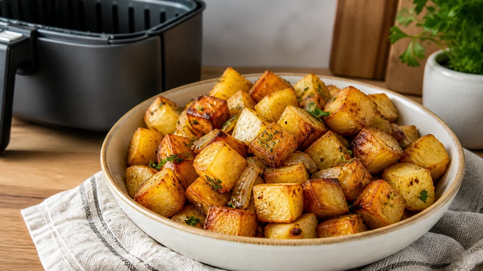 Editorial breakfast scene illustrating Air fried breakfast potatoes.