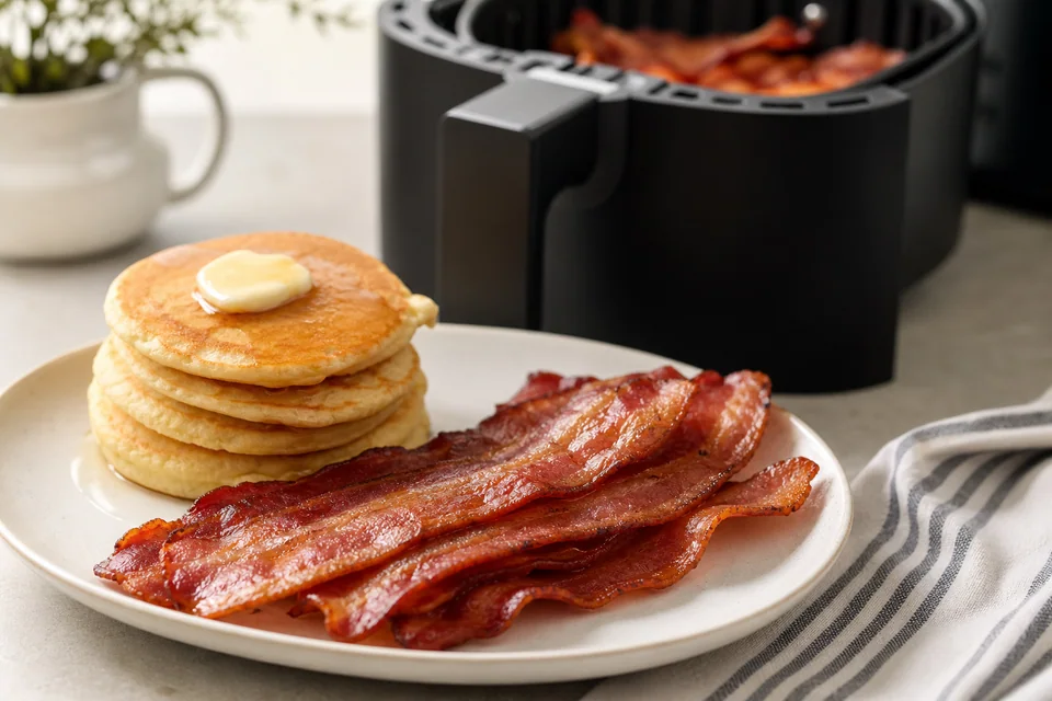 Crisp cooked bacon on a breakfast plate beside pancakes, with an open unbranded air-fryer basket in the background.