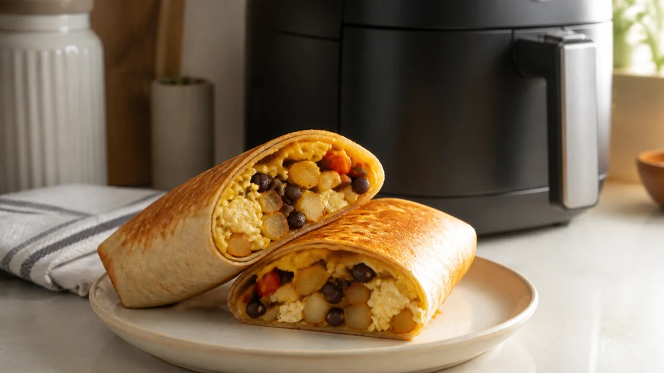 Editorial breakfast scene illustrating Air fryer breakfast burrito.