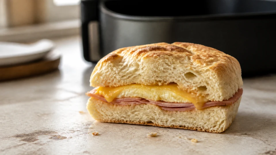 Editorial breakfast scene illustrating Air fryer breakfast sandwich.