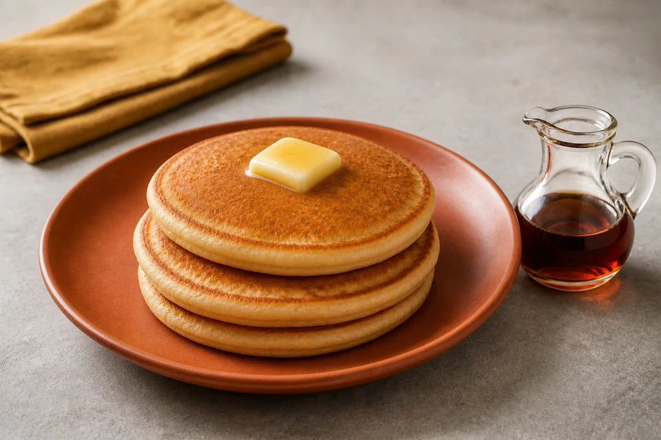 Finished stack of golden pancakes prepared to evaluate Baker’s Corner All-Purpose Baking Mix