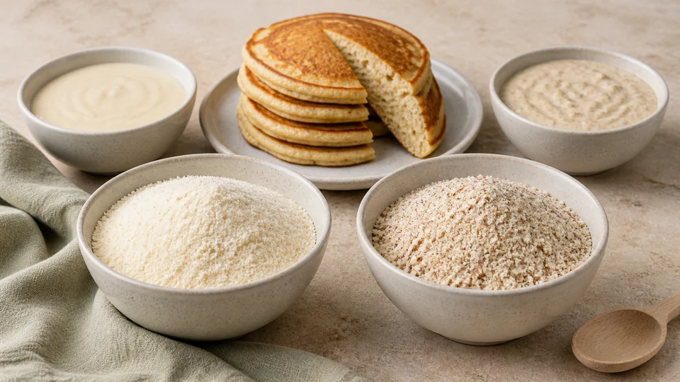 Fine almond flour and coarse speckled almond meal shown with two batters and finished pancakes