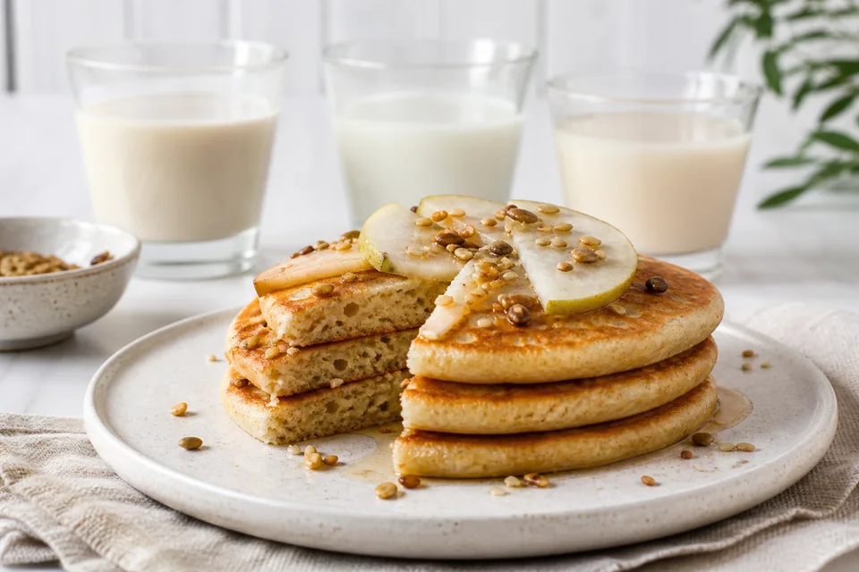 A stack of dairy-free pancakes with pear and seeds, with three unlabelled plant beverages behind the finished dish.
