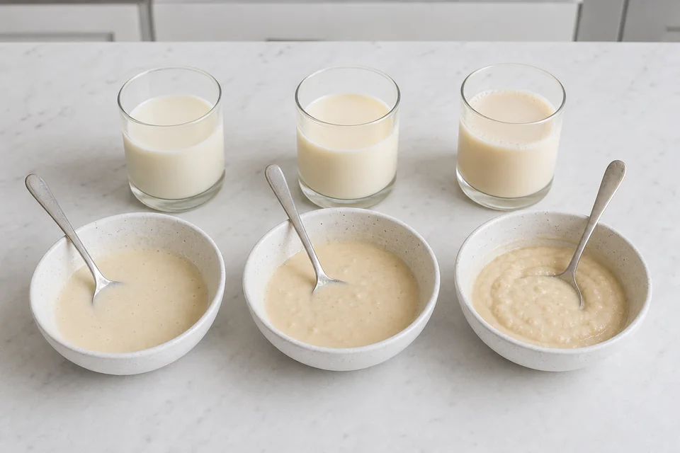 Three alternative milks aligned with three small bowls of pancake batter showing different resting thicknesses.