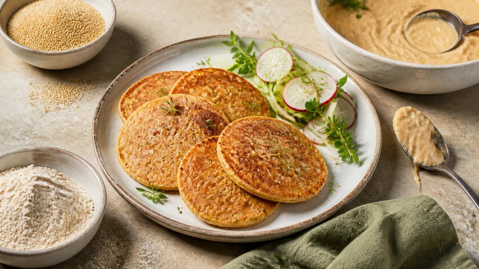 Amaranth grain, flour, batter and savoury pancakes arranged as a control sequence