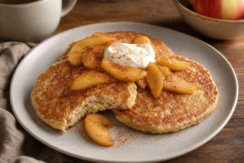 Finished apple pancakes topped with warm apple slices, cinnamon, and yogurt, with a cooked cut centre