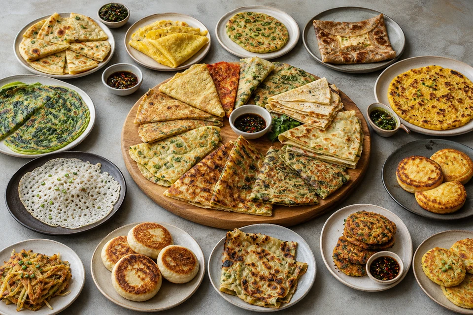 Finished tasting plate of distinct savory pancakes with vegetables, herbs, and sauces.