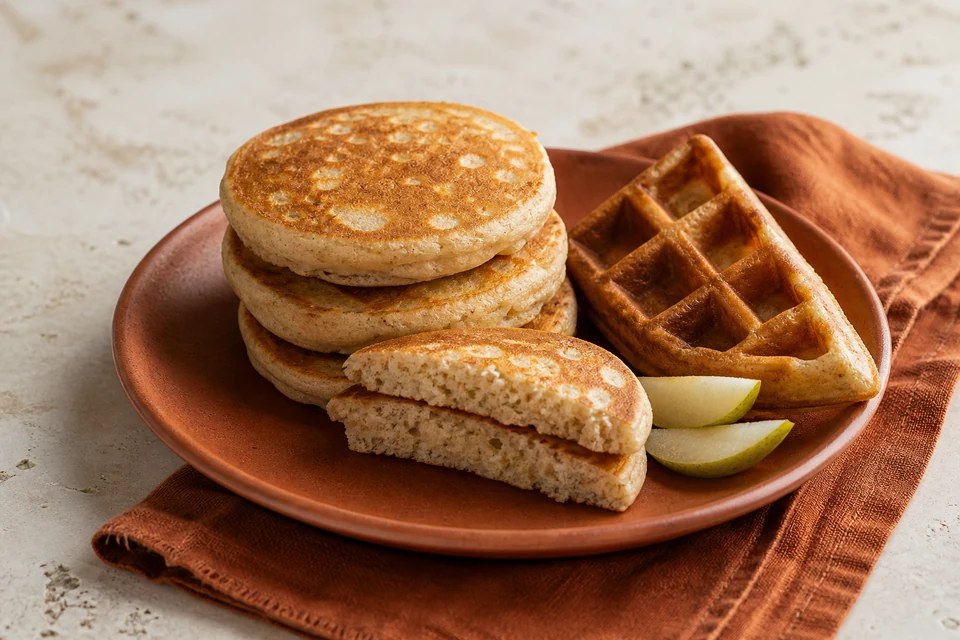 Finished gluten-free pancakes and a waffle quarter with a tender cut centre