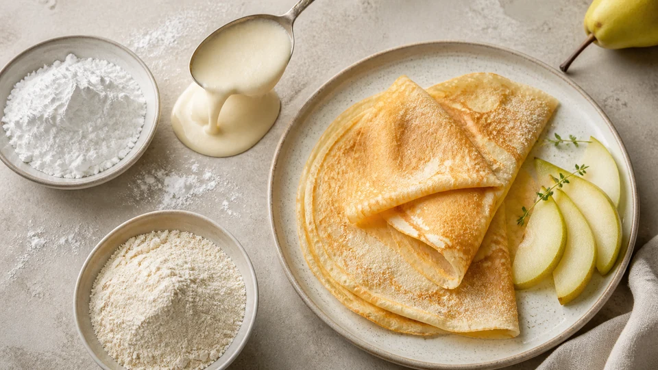 Arrowroot powder, batter and folded pancakes illustrating flexible structure