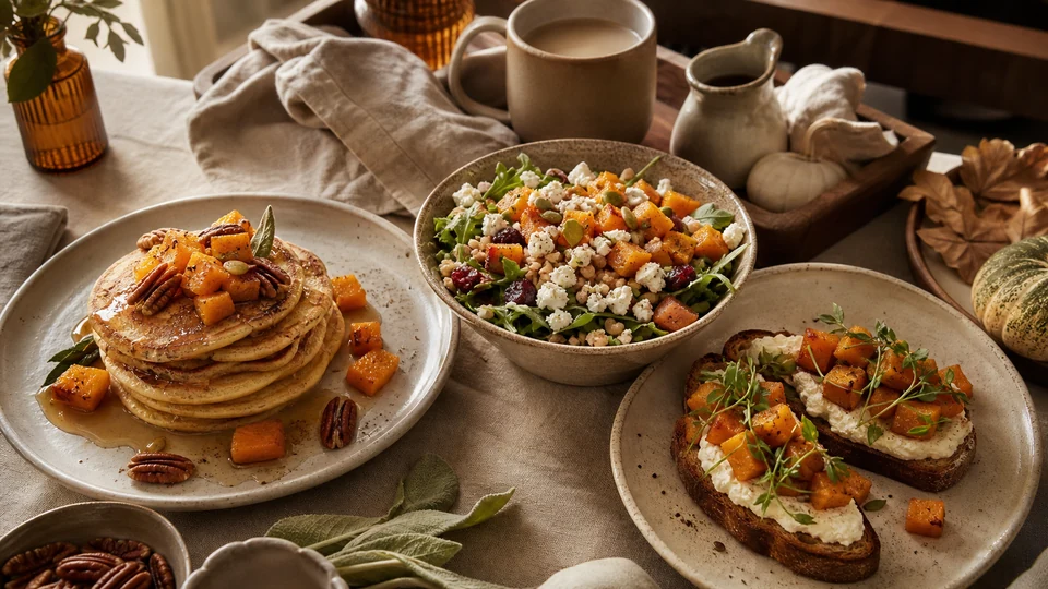 Autumn brunch spread of squash-topped pancakes, a savory grain bowl and roasted squash toast.
