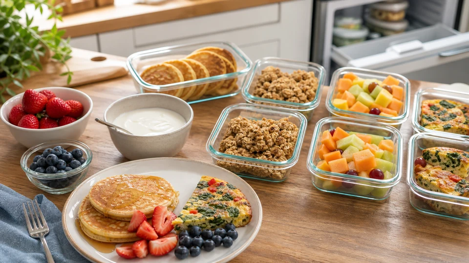 A practical breakfast-prep table with labelled containers, a freezer-ready breakfast component, fruit, bread, and packed school-morning serving items.