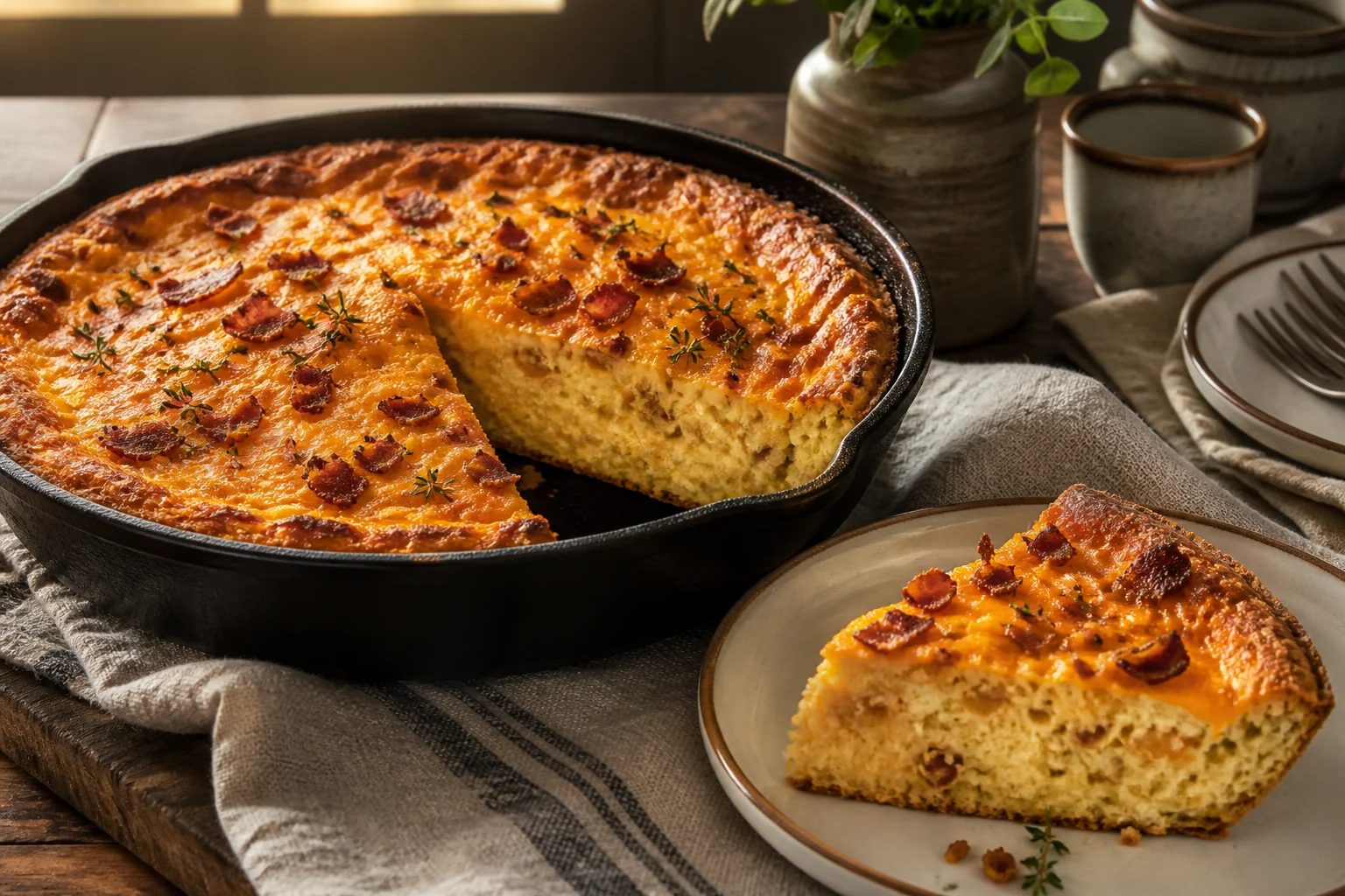 Finished bacon and cheddar grits quiche with a plated slice