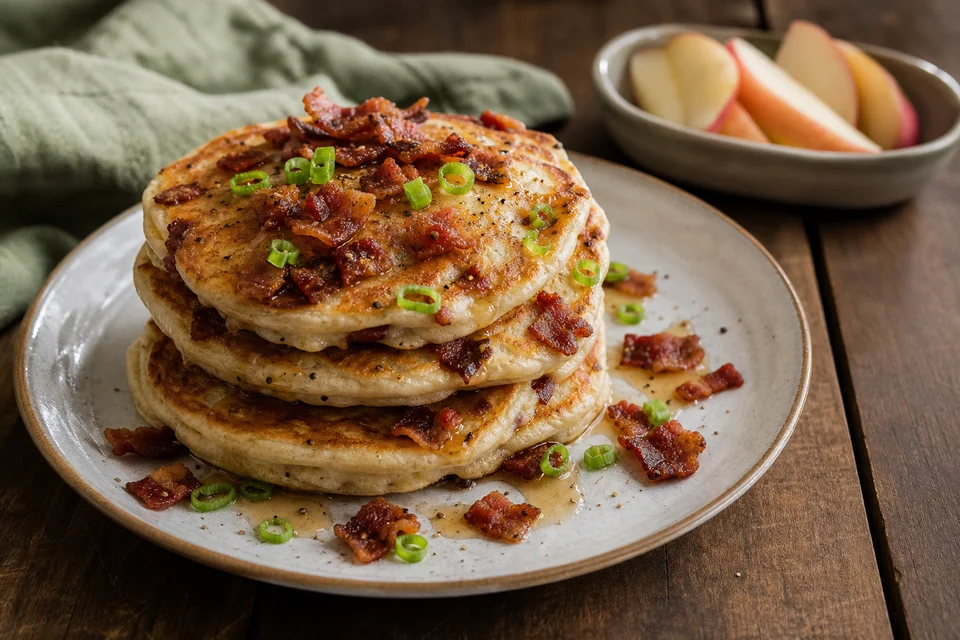 Golden pancakes with crisp cooked bacon pieces, scallion, pepper, and a restrained maple drizzle.