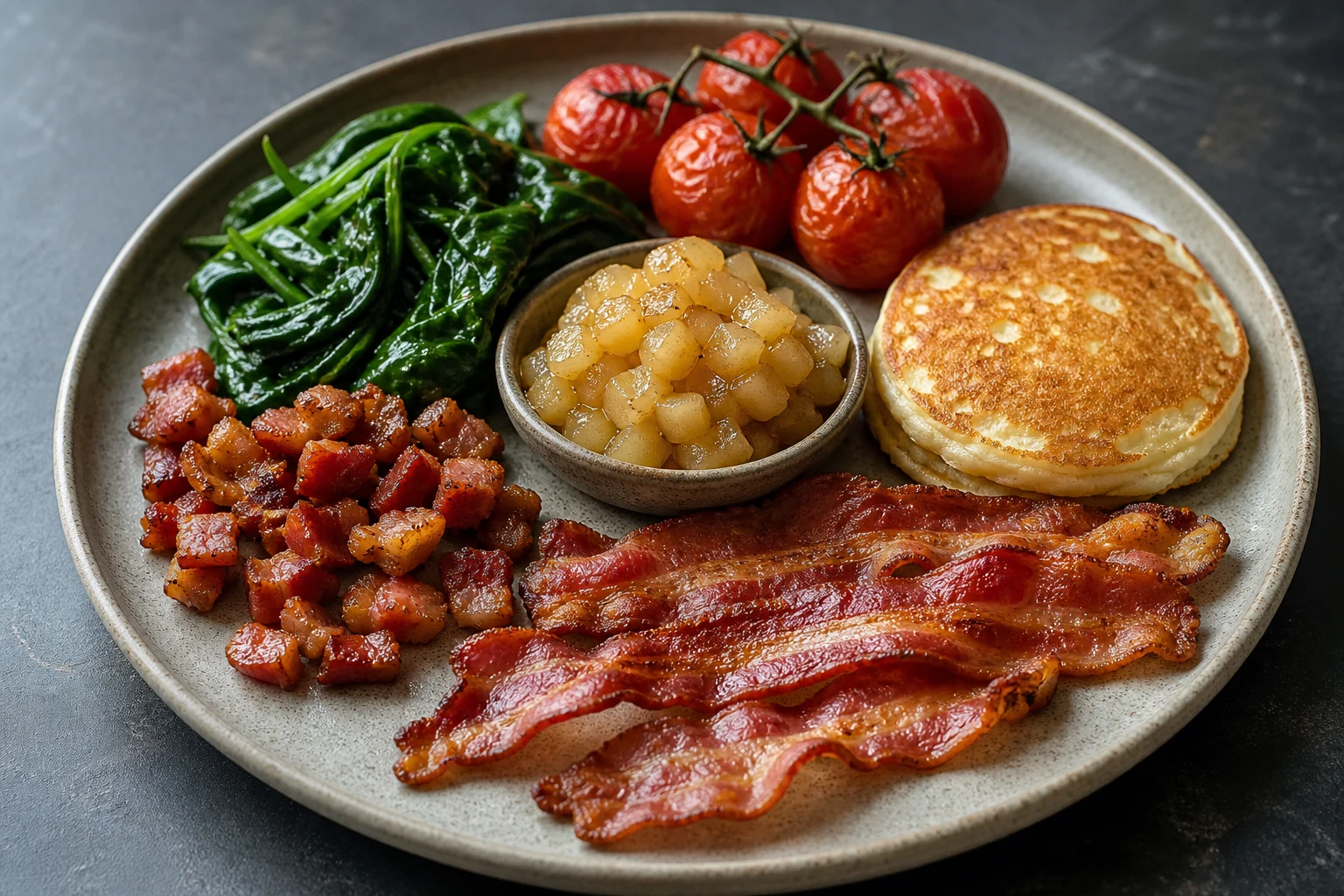 Finished crisp bacon strips and diced bacon served on a simple savoury breakfast plate.