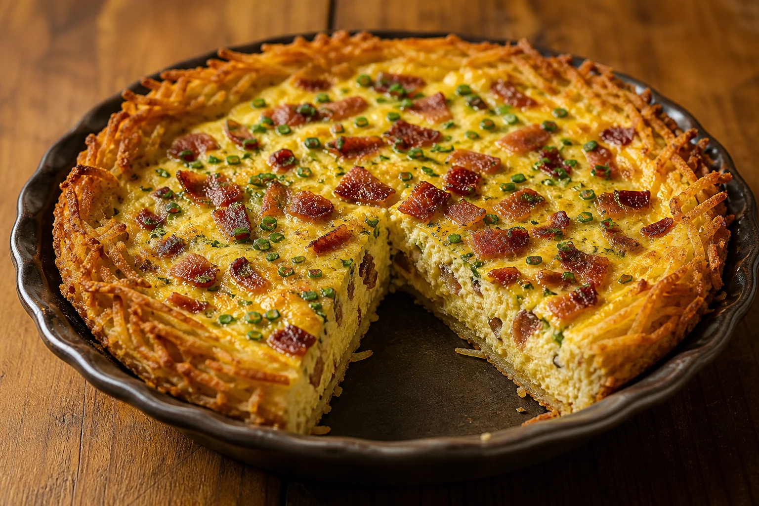 A sliced bacon hash brown quiche with a crisp grated-potato crust and set golden filling.