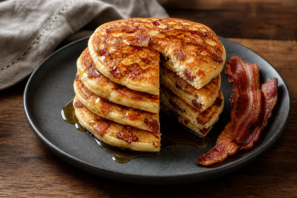 Golden pancakes with crisp bacon pieces visible inside and a restrained maple drizzle