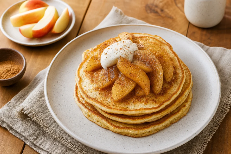 Golden pancakes topped with tender baked apple slices, cinnamon, and a small spoonful of yogurt.