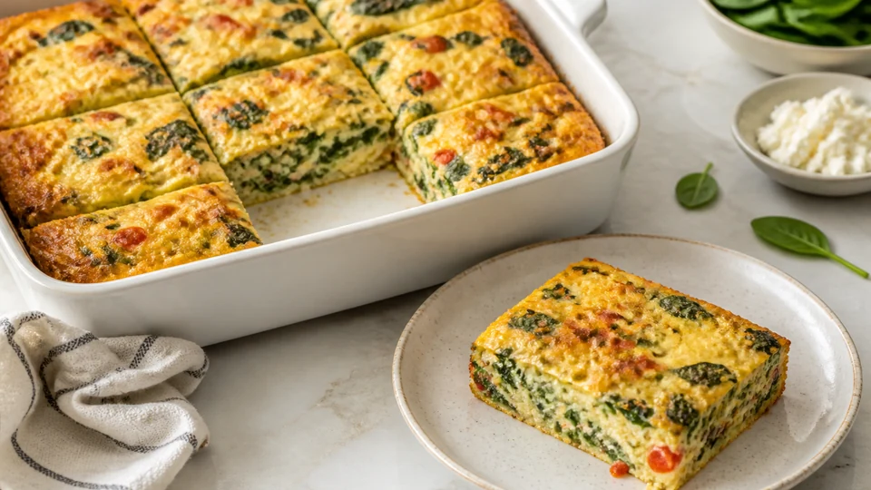 Baked egg dish for brunch prepared for Pancakes World.
