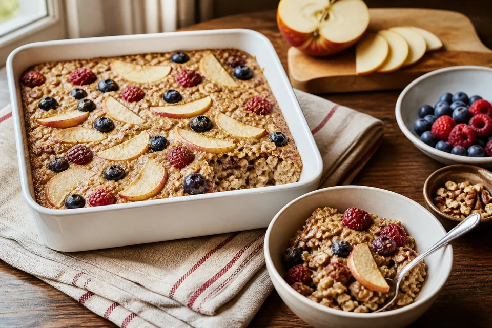 A warm square of berry baked oatmeal served from a ceramic baking dish with oats and fruit nearby.