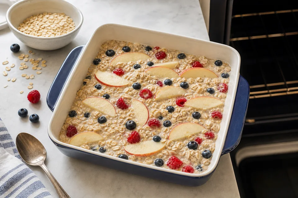 Unbaked berry oatmeal mixture evenly assembled in a ceramic baking dish before it goes into the oven.