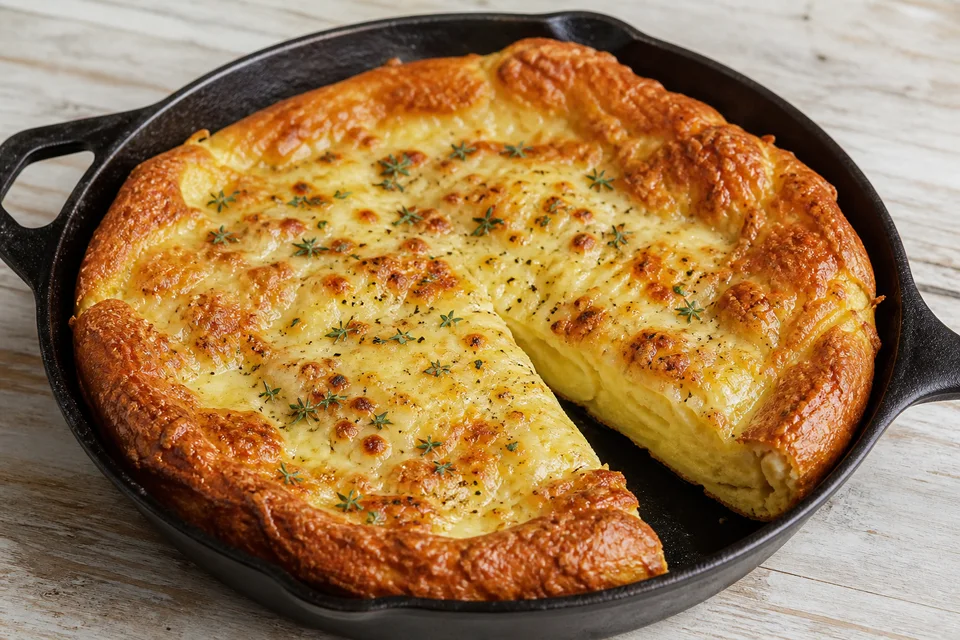 A puffed golden savory pancake baked with Gruyère in a dark skillet, with one wedge cut to show the tender centre.