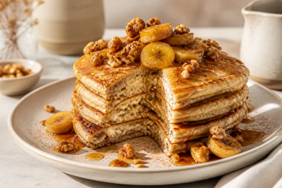 Finished banana pancakes with caramelized banana slices, walnuts, cinnamon, and maple drizzle