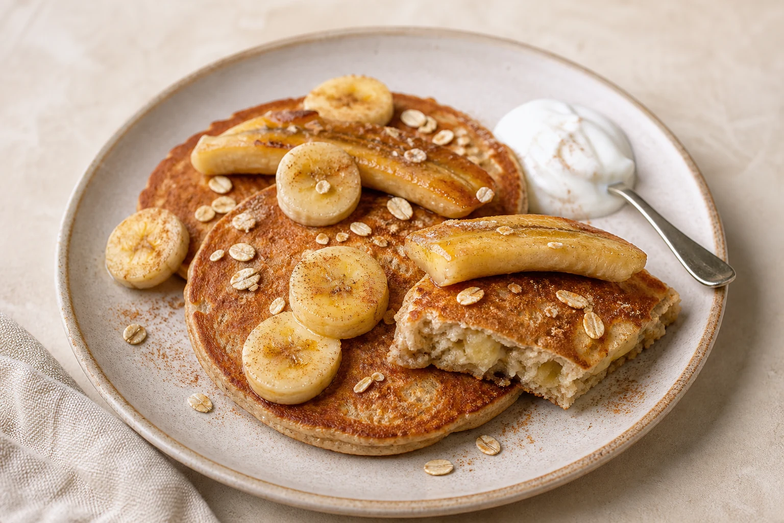 A finished arrangement of ripe bananas, sliced banana, banana oat pancakes, and a small smoothie bowl.