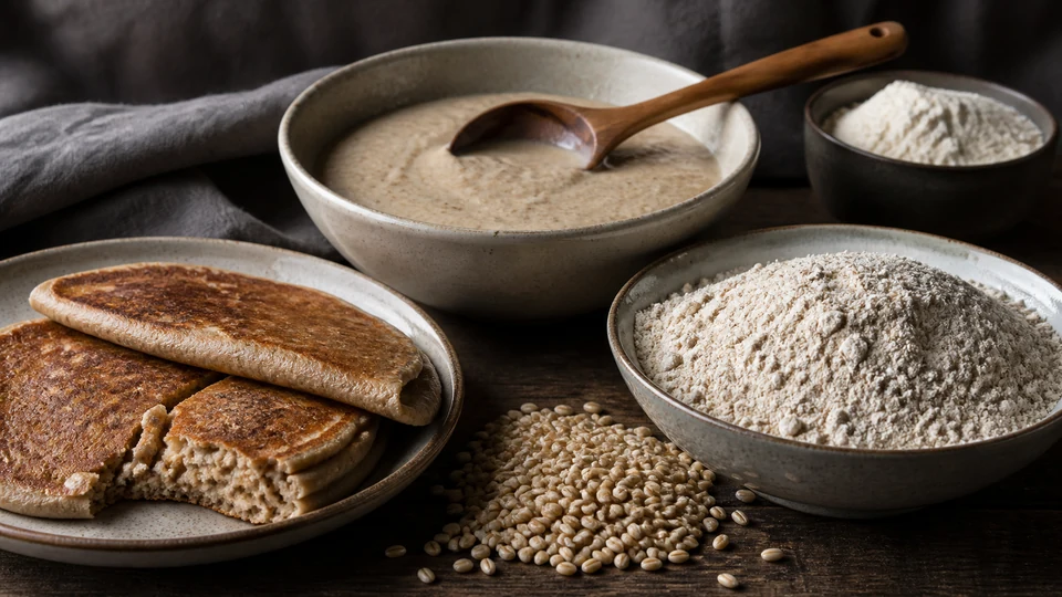 Barley kernels, flour, speckled batter and torn barley pancakes arranged as an illustrative ingredient sequence