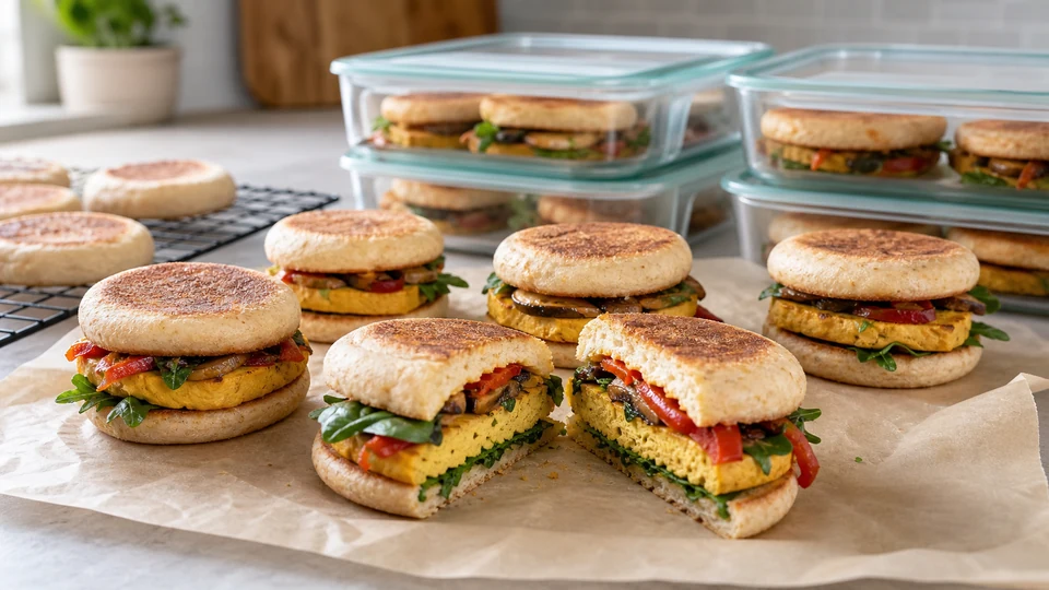 Vegan breakfast sandwiches with toasted bread, vegetable fillings and plant-based patties cooling before storage.