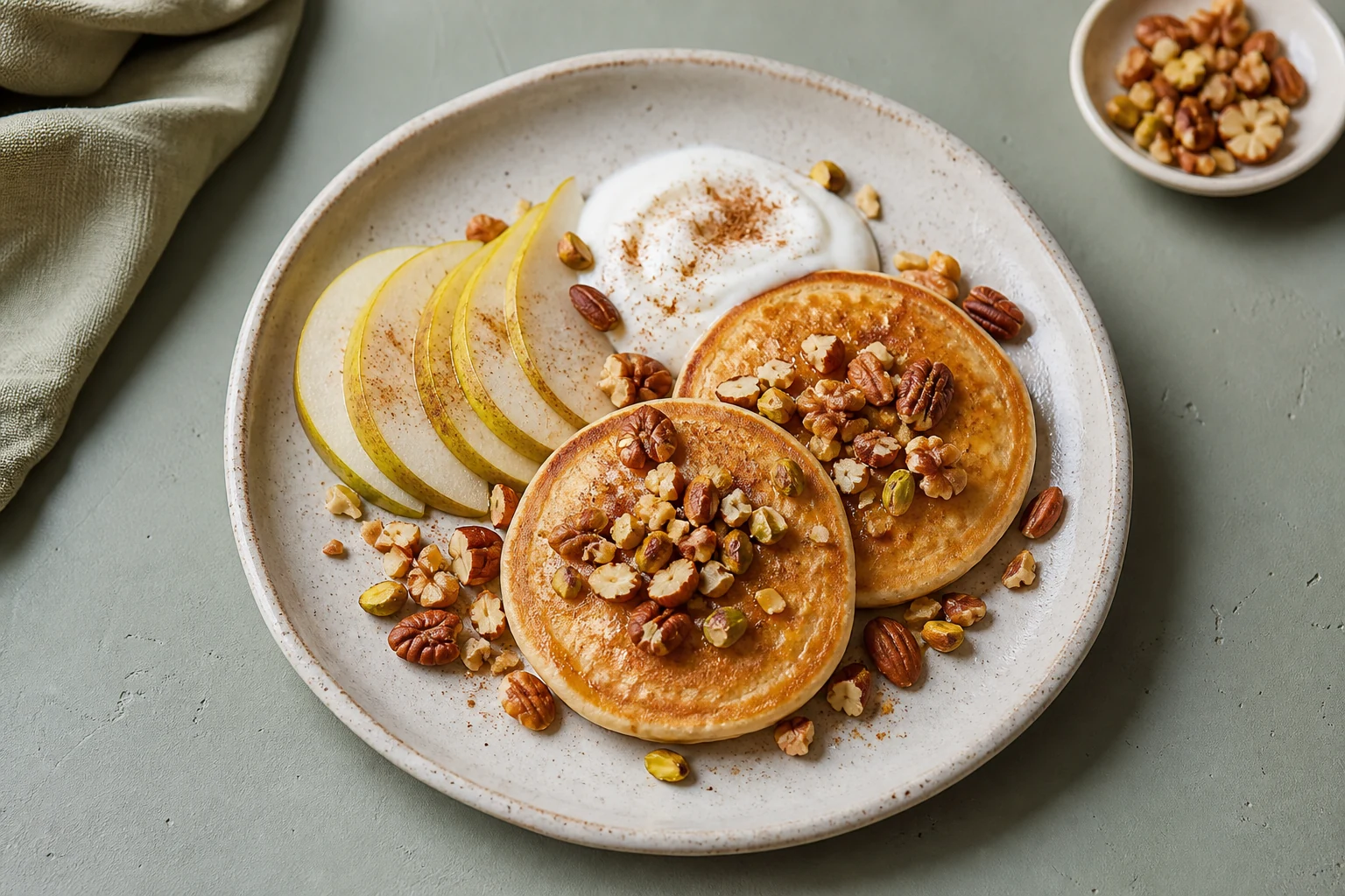 A measured assortment of almonds, walnuts, hazelnuts, pistachios, cashews, and peanuts beside a finished pancake bowl.