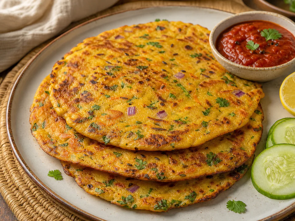 Close detail of browned gram-flour pancake with carrot, onion, cumin, and coriander