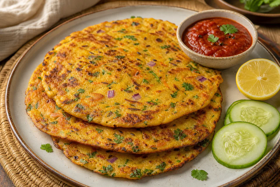 Finished gram-flour pancakes with carrot, onion, cumin, coriander, tomato chutney, lemon, and cucumber