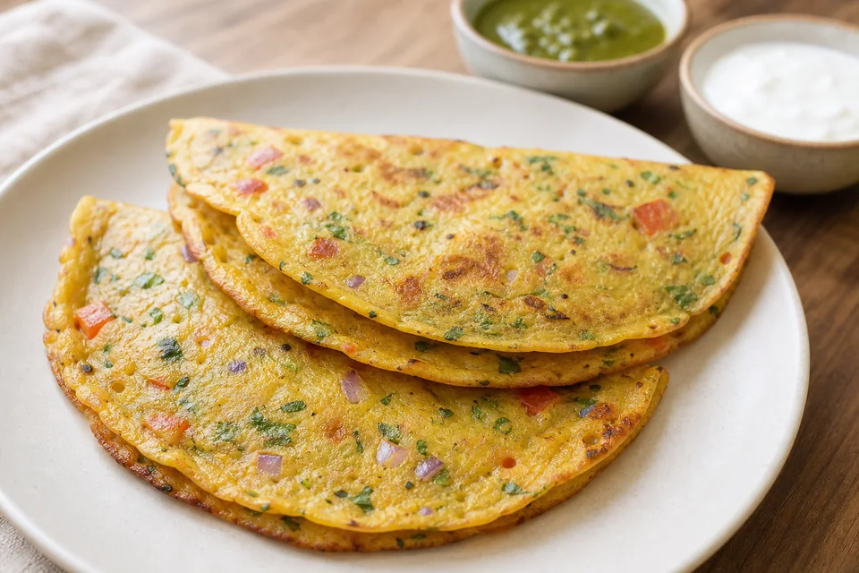 Folded golden besan chilla flecked with onion, tomato, green chili, and cilantro, served with chutney and yogurt.