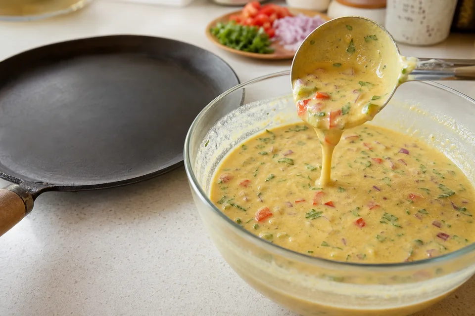 Golden besan batter flecked with onion, tomato, chili, and cilantro falling from a ladle beside a flat skillet.