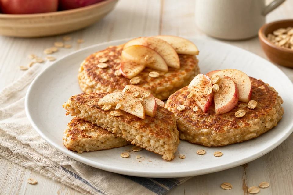 Golden oatmeal pancakes with visible rolled-oat texture, sliced apple, cinnamon, and a cut section showing the tender crumb.