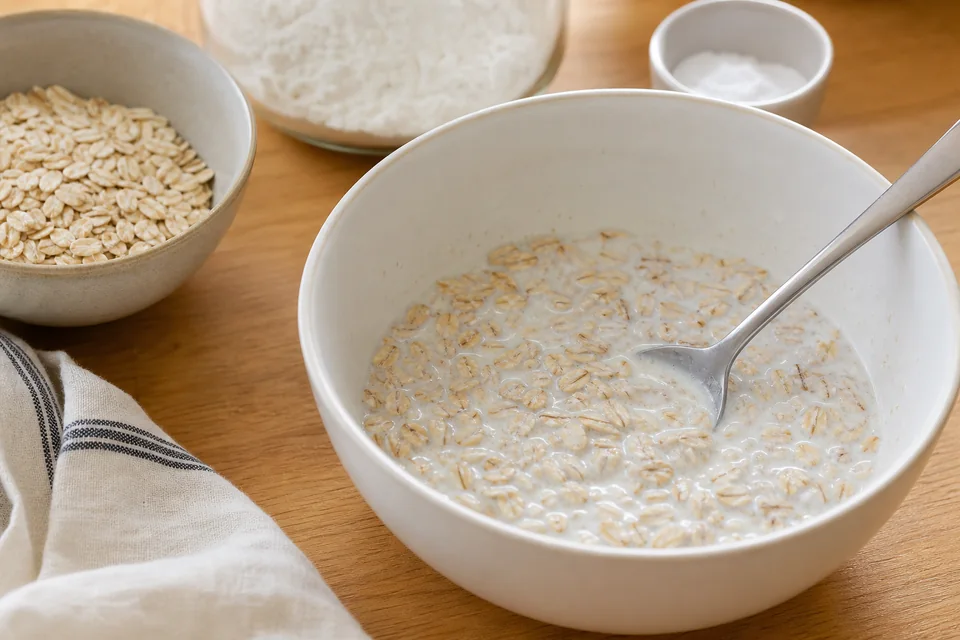 Rolled oats soaking in milk beside a bowl of dry oats, flour, and baking powder before oatmeal pancake batter is mixed.