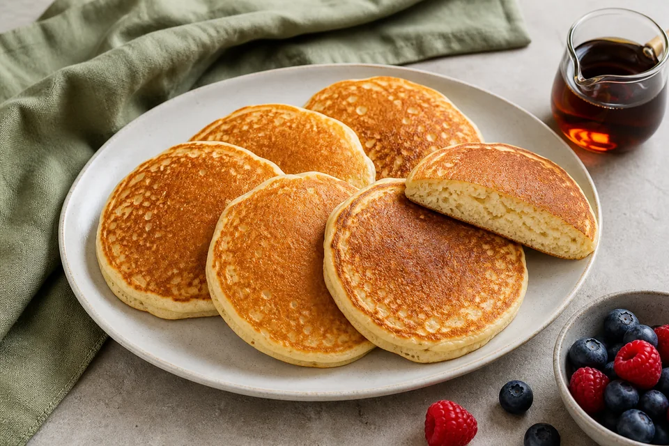 A finished batch of evenly portioned golden pancakes arranged on a plate, with one cut open and berries and syrup beside them.