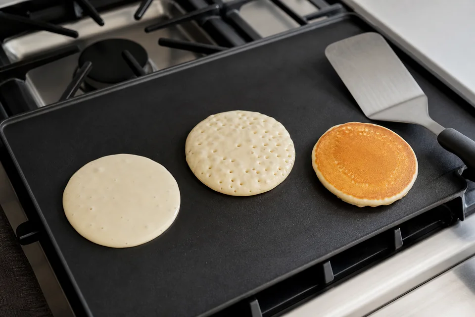 Three tester pancakes on a griddle at freshly poured, bubbled, and flipped stages, with a broad spatula ready.