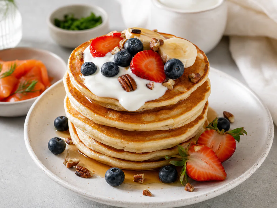 Close detail of berries, banana, yogurt, pecans, and syrup on finished pancakes