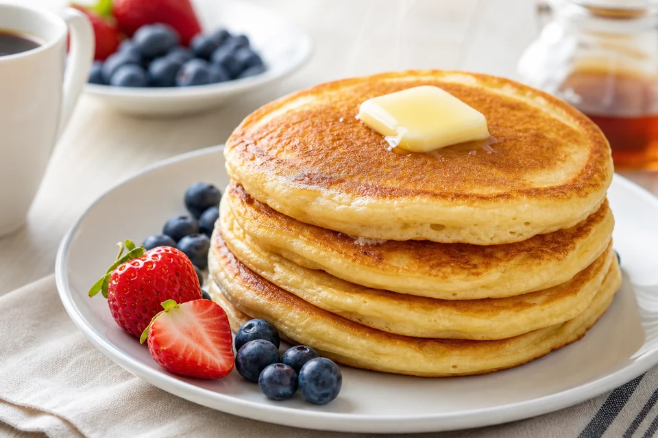 Finished reheated pancakes with lightly crisp edges, butter, and berries.