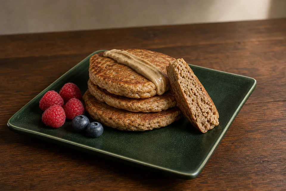 Finished stack of plant-protein pancakes with berries and a restrained nut-free seed-butter drizzle, one pancake cut to show the cooked crumb.
