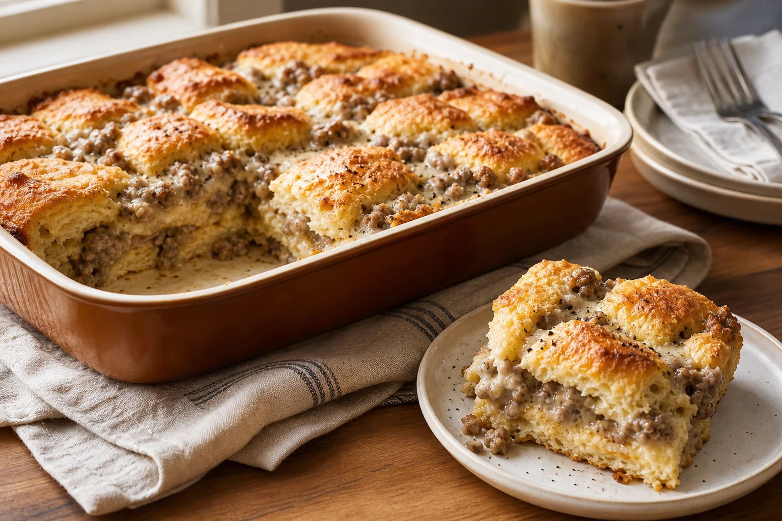 Finished biscuits and gravy casserole with a plated square showing biscuit layers and sausage gravy